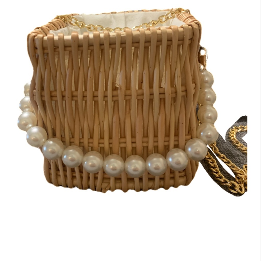 1 left! Faux Pearl Rattan Khaki Small Bucket Bag - Picture 7 of 16